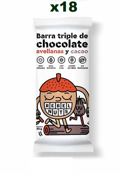 Barra triple de chocolate avellanas y cacao Rebel Nuts 40g. Caja de 18 U