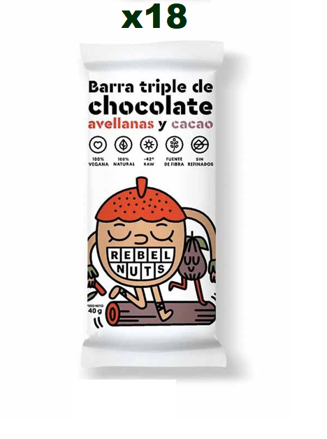 Barra triple de chocolate avellanas y coco Rebel Nuts 40g. Caja de 18 U