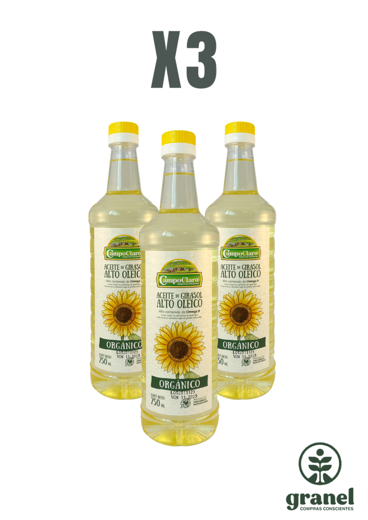 Pack X3 Aceite de girasol alto oleico orgánico 750ml Campo Claro