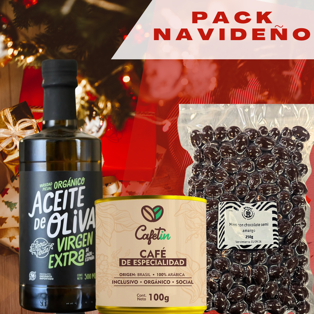 Pack Empresarial - 1 Aceite de oliva orgánico 500ml + Lata de café Cafetin 100g + Maní con chocolate 250g