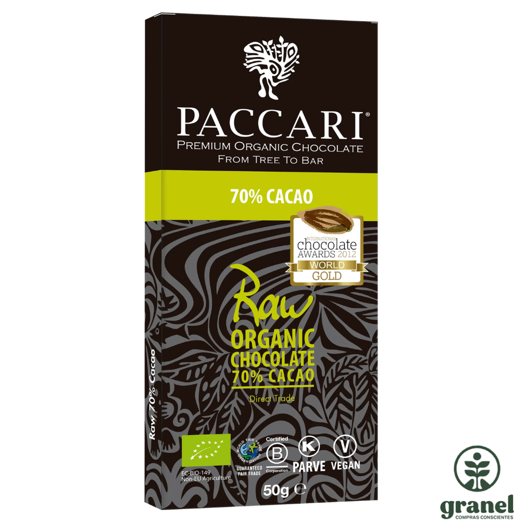 Barra chocolate Raw 70% Cacao orgánico Paccari 50g