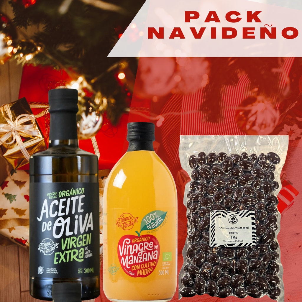 [12444] Pack 1 Aceite de oliva orgánico 500ml + Vinagre de manzana 500ml Terra Verde + Maní con chocolate 250g