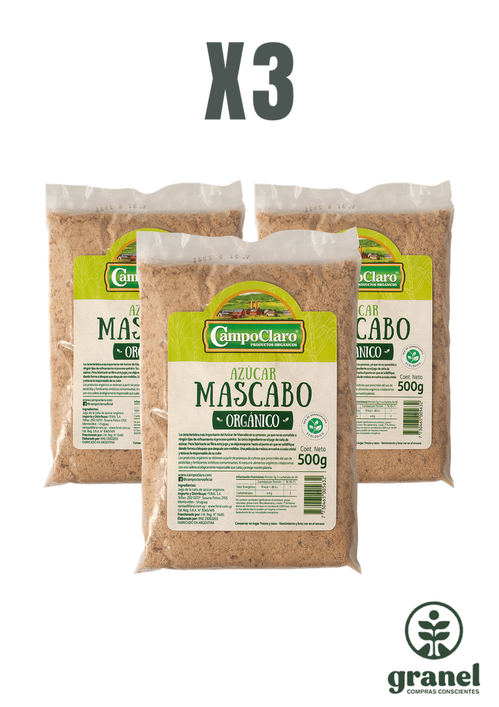 Pack X3 Azúcar mascabo orgánico Campo Claro 900g