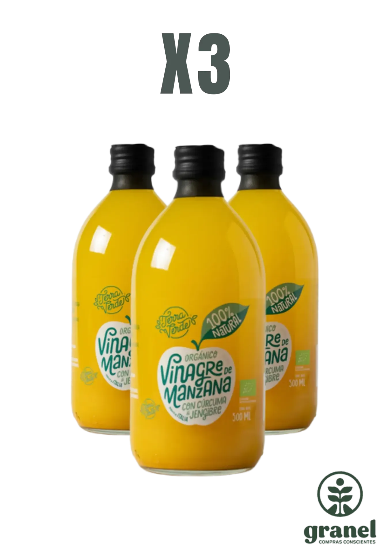 [5846] Pack X3 Vinagre de manzana orgánico con cúrcuma y jengibre Terra Verde 500ml