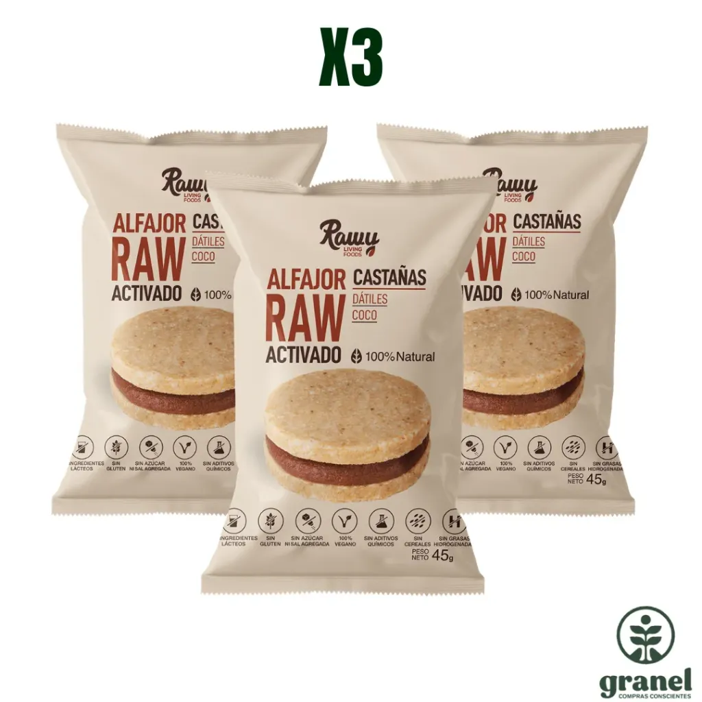 [5667] Pack X3 Alfajor Raw de Castañas 45g Rawy