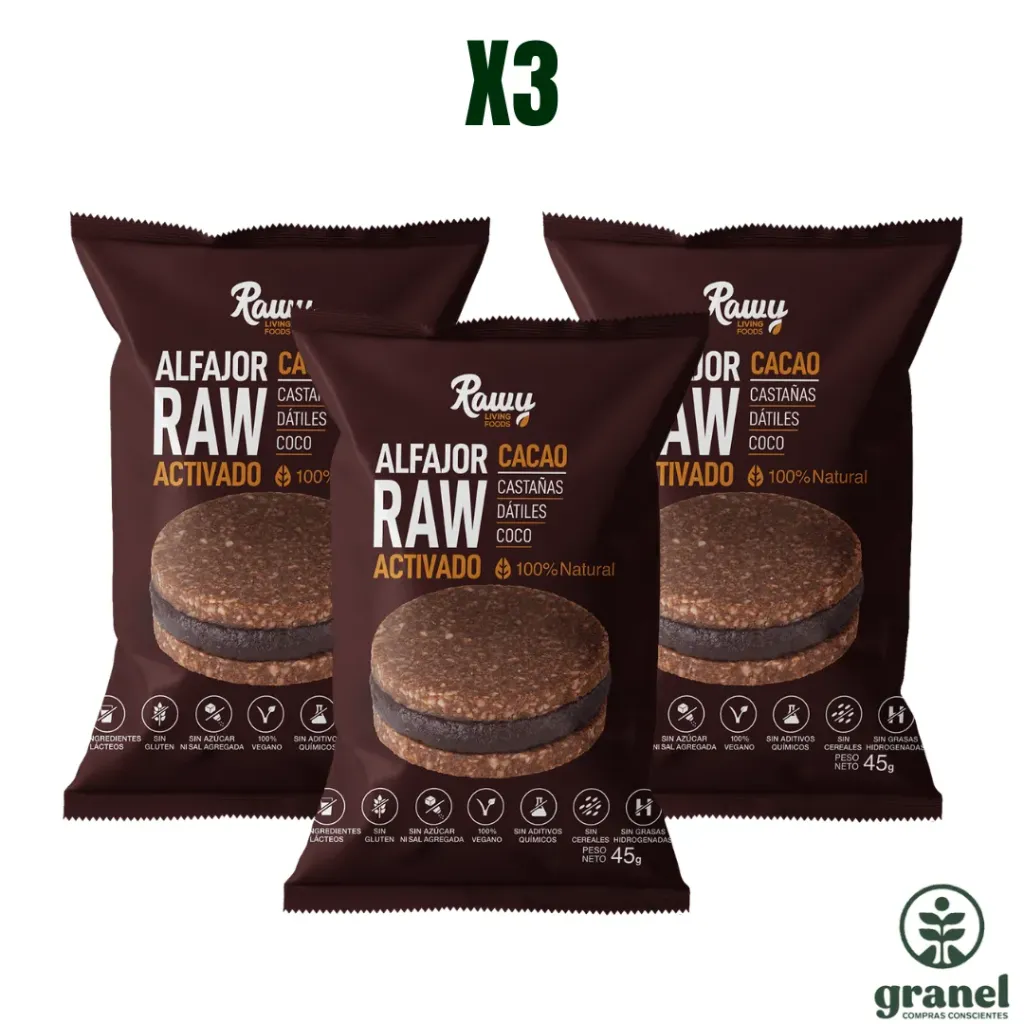 [5665] Pack X3 Alfajor Raw Activado de Cacao 45g Rawy