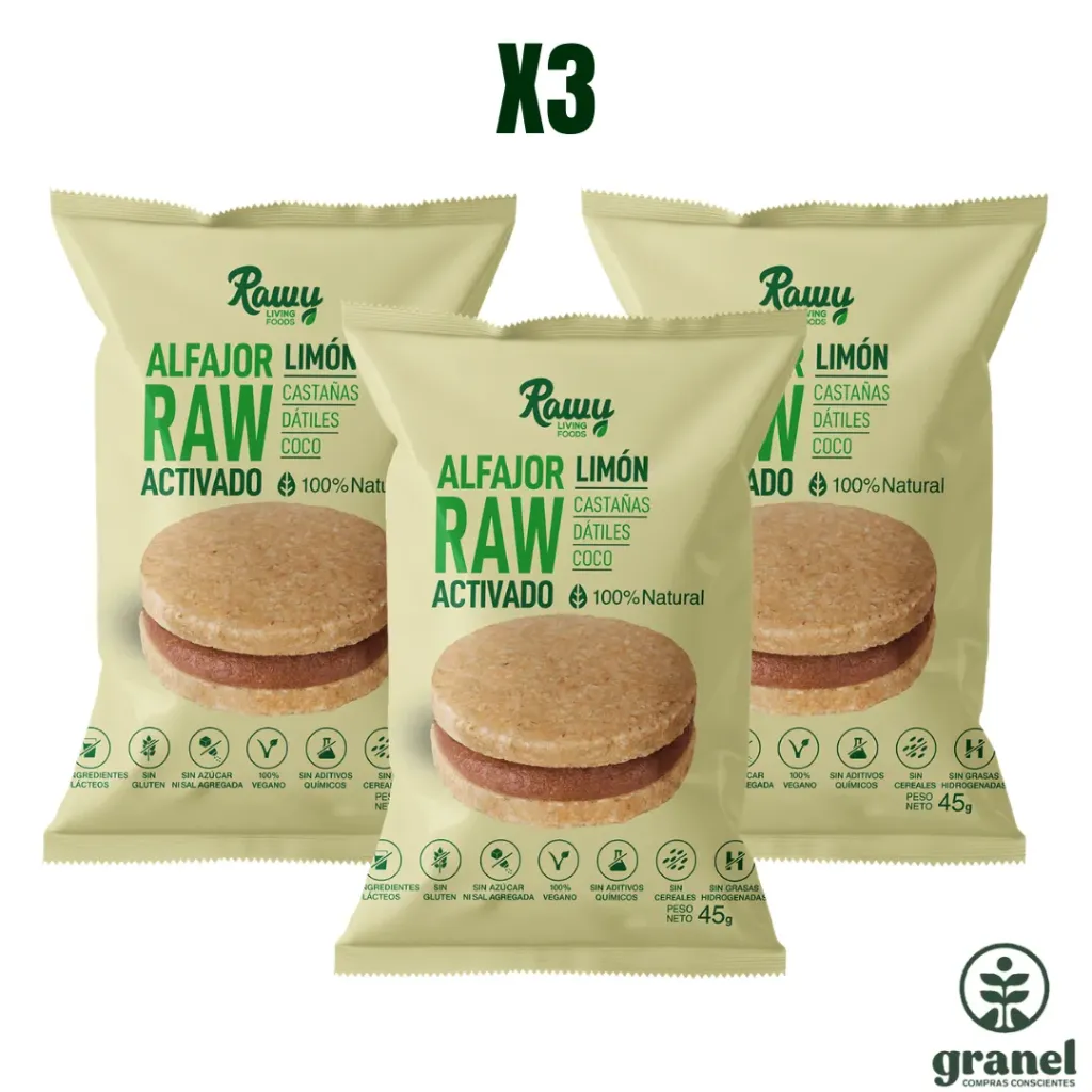 [5666] Pack X3 Alfajor Raw Activado de Limón 45g Rawy