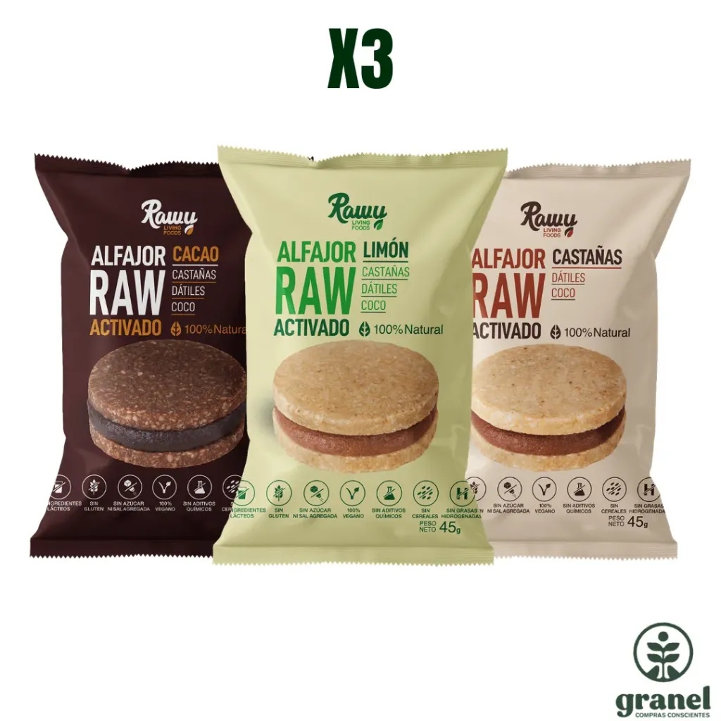 [5668] Pack X3 Degustación Alfajores Raw Activado de limón, cacao y castañas 45g Rawy