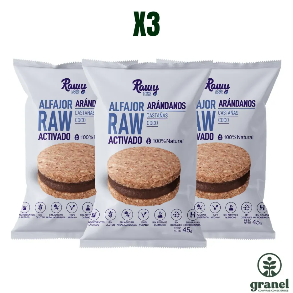 [3036] Pack X3 Alfajor Raw Activado de Arándanos 45g Rawy