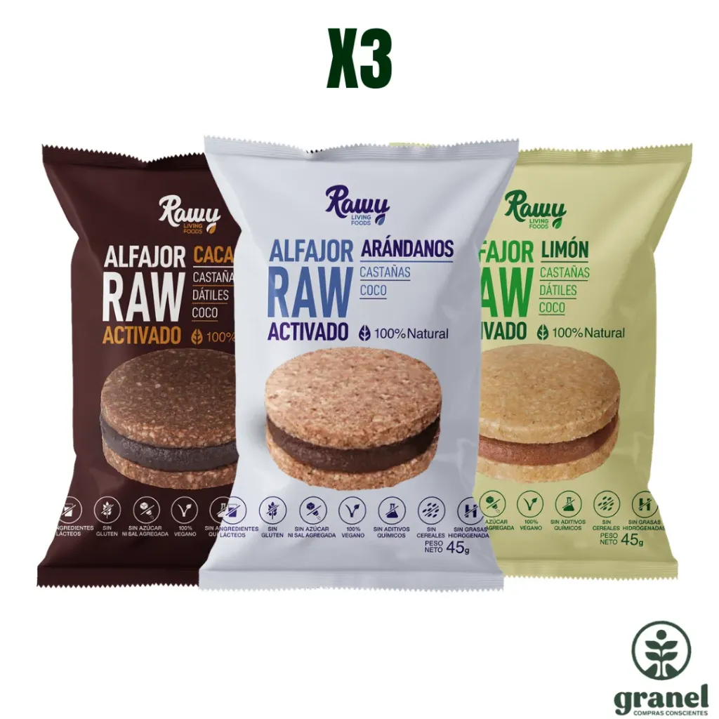 Pack X3 Degustación Alfajores Raw Activado de limón, cacao y arándanos 45g Rawy