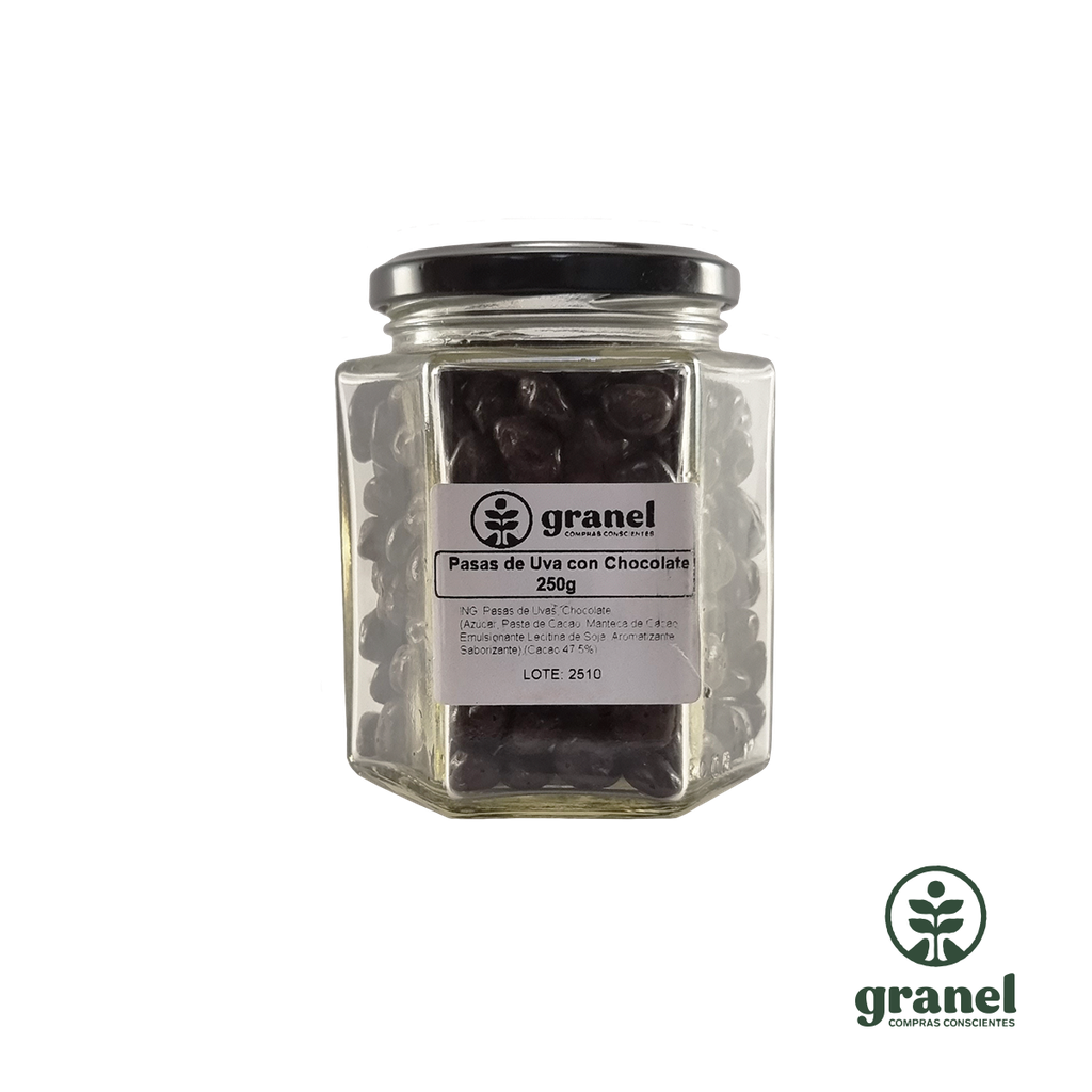 Pasas de uva con chocolate semi amargo en frasco de vidrio 250g