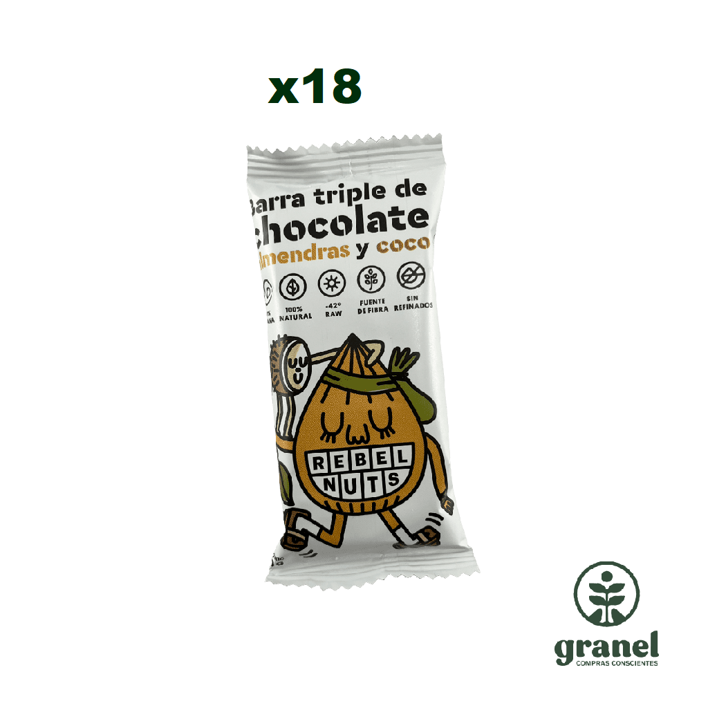 [10751] Barra triple de chocolate almendras y coco Rebel Nuts 40g. Caja de 18 u